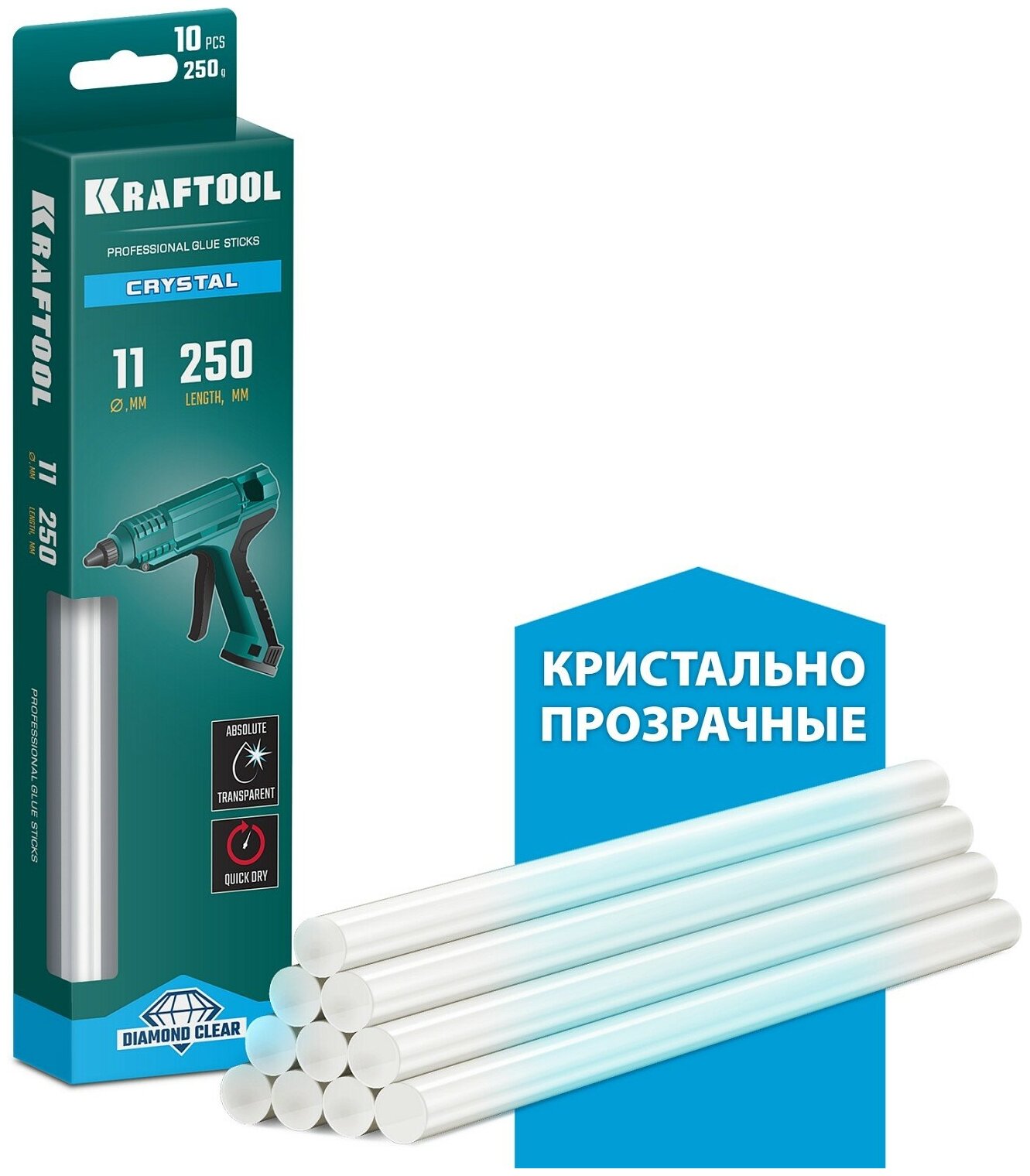 KRAFTOOL Cristal, 11 х 250 мм, 10 шт, кристально прозрачные клеевые стержни (06846-10)