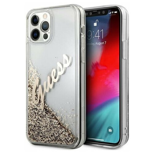 фото Чехол-накладка для iphone 12 pro max guess liquid glitter script logo hard, золотистый (guhcp12lglvsgo)