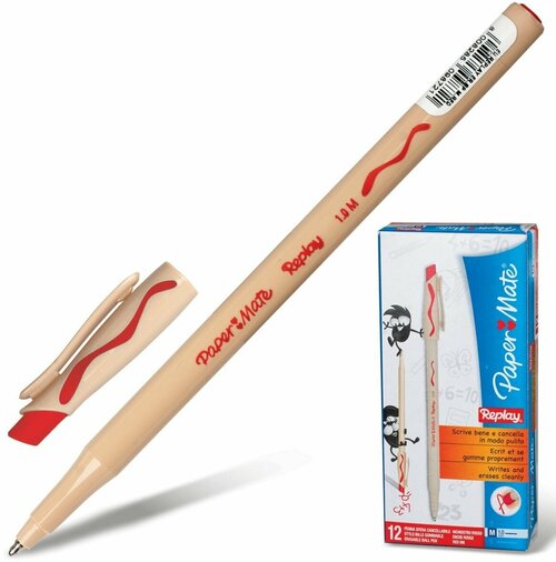Ручка стираемая Paper Mate шариковая Replay, корпус бежевый, линия 1 мм, красная