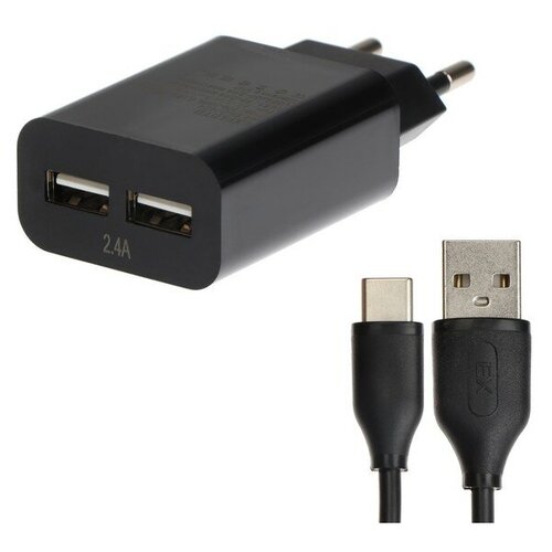 Сетевое зарядное устройство Exployd EX-Z-1424, 2 USB, 2.4 А, кабель Type-C, 1 м, черное блок питания автомобильный 2 usb exployd ex z 1449 easy 2400ma кабель type c цвет чёрный