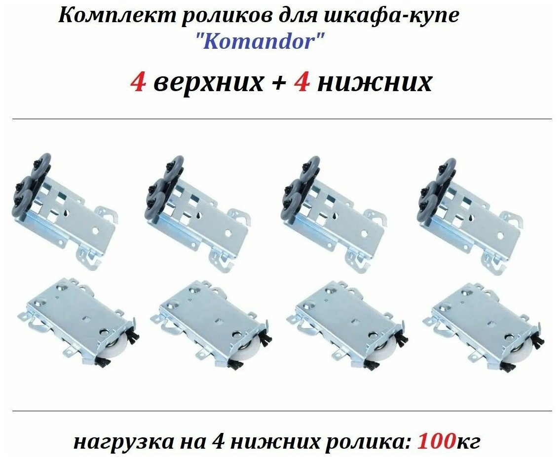 Комплект роликов, колёс для шкафов купе под стальную систему Komandor/Командор (4 верх + 4 ниж)