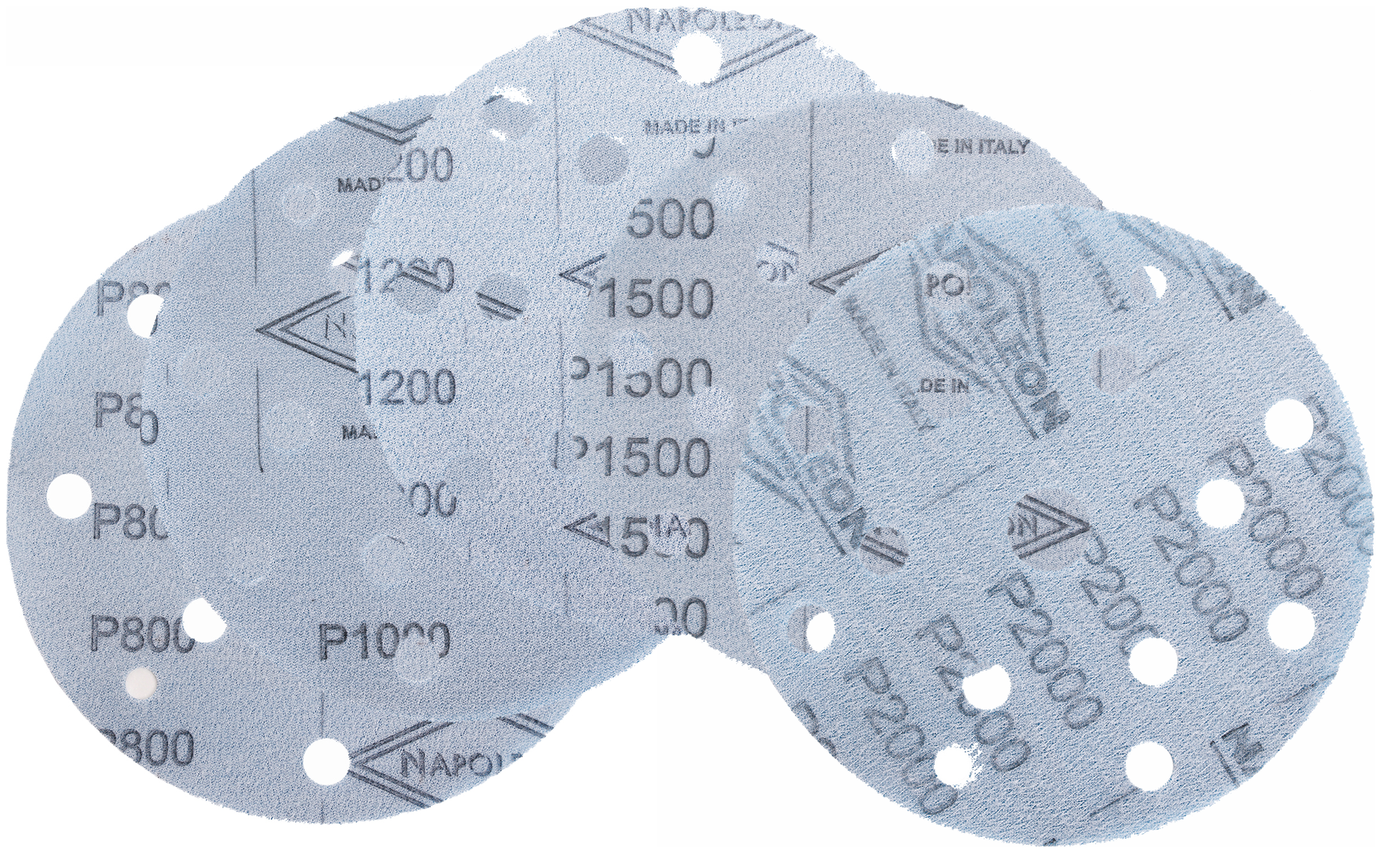 Набор шлифовальных кругов на липучке "NAPOLEON", ультратонкое шлифование ( зернистость P800, P1000, P1200, P1500, P2000), диаметр 150мм ( 15 отверстий ), по 1 шт.