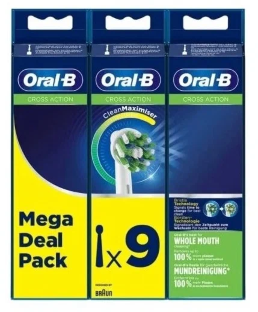 Насадки Oral-B Cross Action CleanMaximiser White для электрической зубной щетки, 9 шт, для тщательного удаления налета.