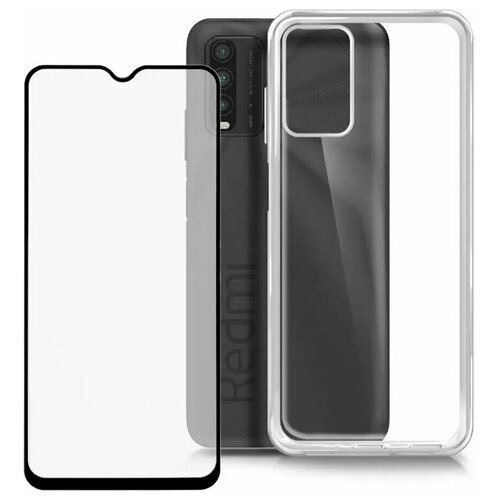 фото Комплект: прозрачный силиконовый чехол + защитное стекло для xiaomi redmi 9t (2021) pduspb