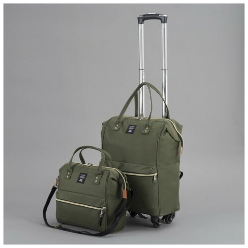 фото Сумка-рюкзак на колёсах, с сумкой-трансформером, отдел на молнии, наружный карман, цвет зелёный qwen