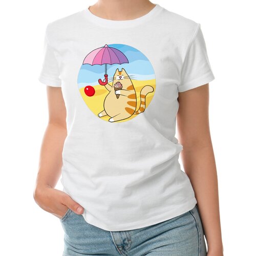 Женская футболка «Счастливый кот отдыхает на пляже» (L, темно-синий)
