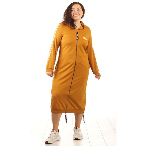 фото Платье полуприлегающее, макси, капюшон, карманы, размер 50, горчичный optuha