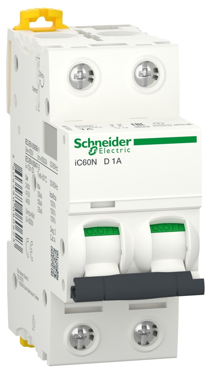 Выключатель автоматический модульный 2п D 1А 6кА iC60N Acti9 SchE, SCHNEIDER ELECTRIC A9F75201 (1 шт.)