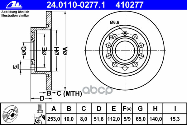 Vw Golf V (2004-2009)/Audi A3 [8Pa] (2004- 2013) 253Мм. Диск Тормозной Задний Ate арт. 24.0110-0277.1