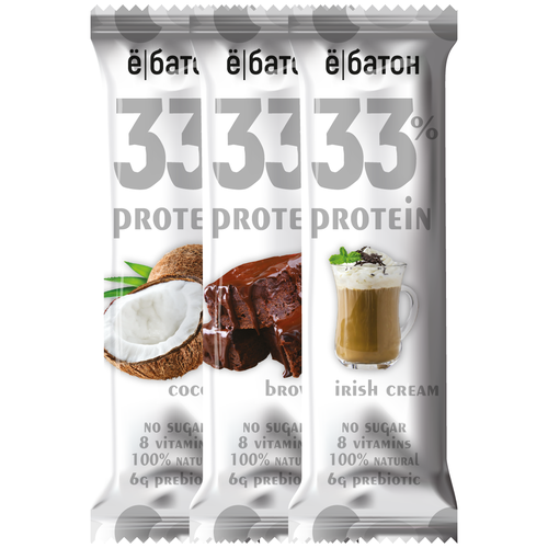 протеиновый батончик ё батон 33% protein со вкусом брауни 45гр 15шт Протеиновый батончик ё/батон 33% protein, MIX (кокос, брауни, айриш крим) 45гр*15шт