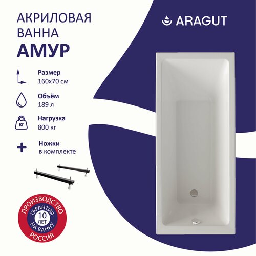 Акриловая ванна ARAGUT Амур 160х70 в комплекте с ножками 15884₽