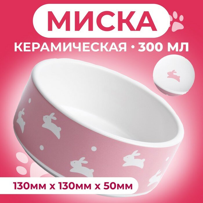 Пижон Миска керамическая "Зайчики", 300 мл, 13 x 13 x 5 cм, розовая