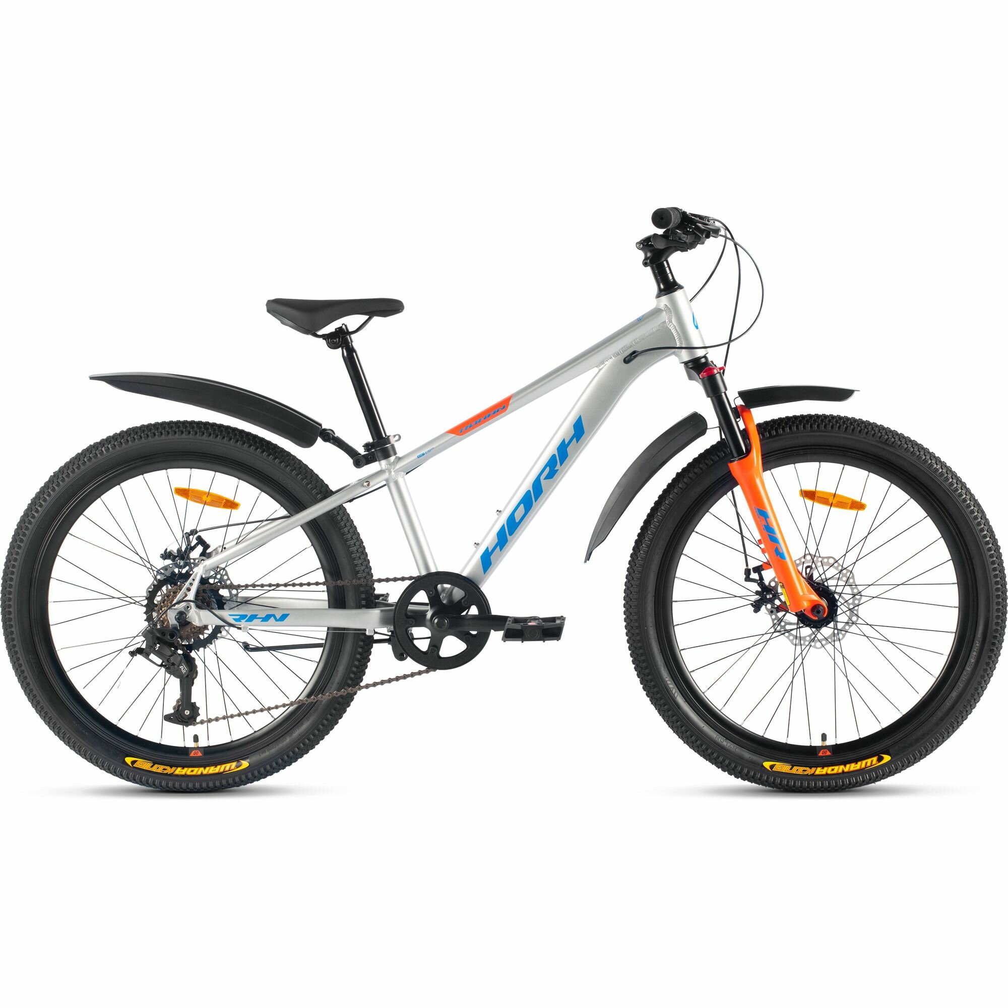 Велосипед горный HORH ROHAN RMD 24" (2024), хардтейл, детский, для мальчиков, алюминиевая рама, 7 скоростей, дисковые механические тормоза, цвет Grey-Blue-Orange, серый/синий/оранжевый цвет, размер рамы 12", для роста 130-145 см