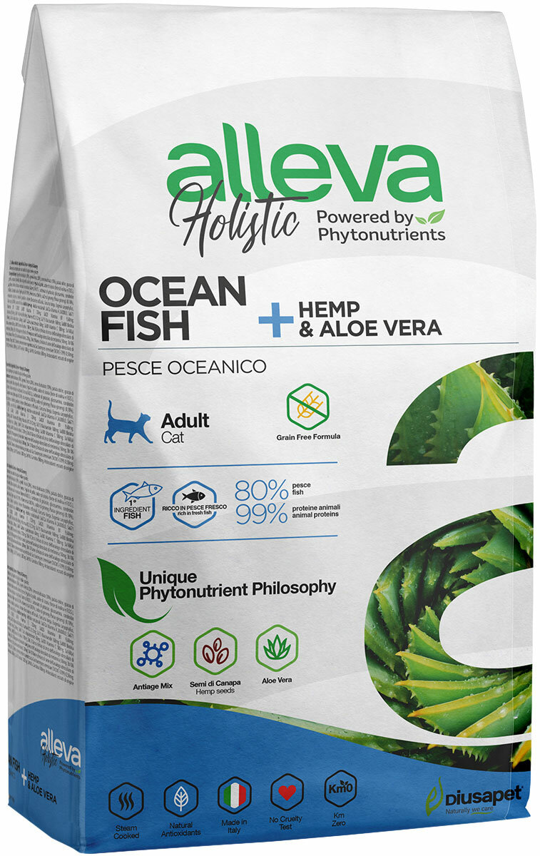 ALLEVA HOLISTIC ADULT CAT OCEAN FISH беззерновой для взрослых кошек с океанической рыбой, коноплей и алоэ вера (10 кг)