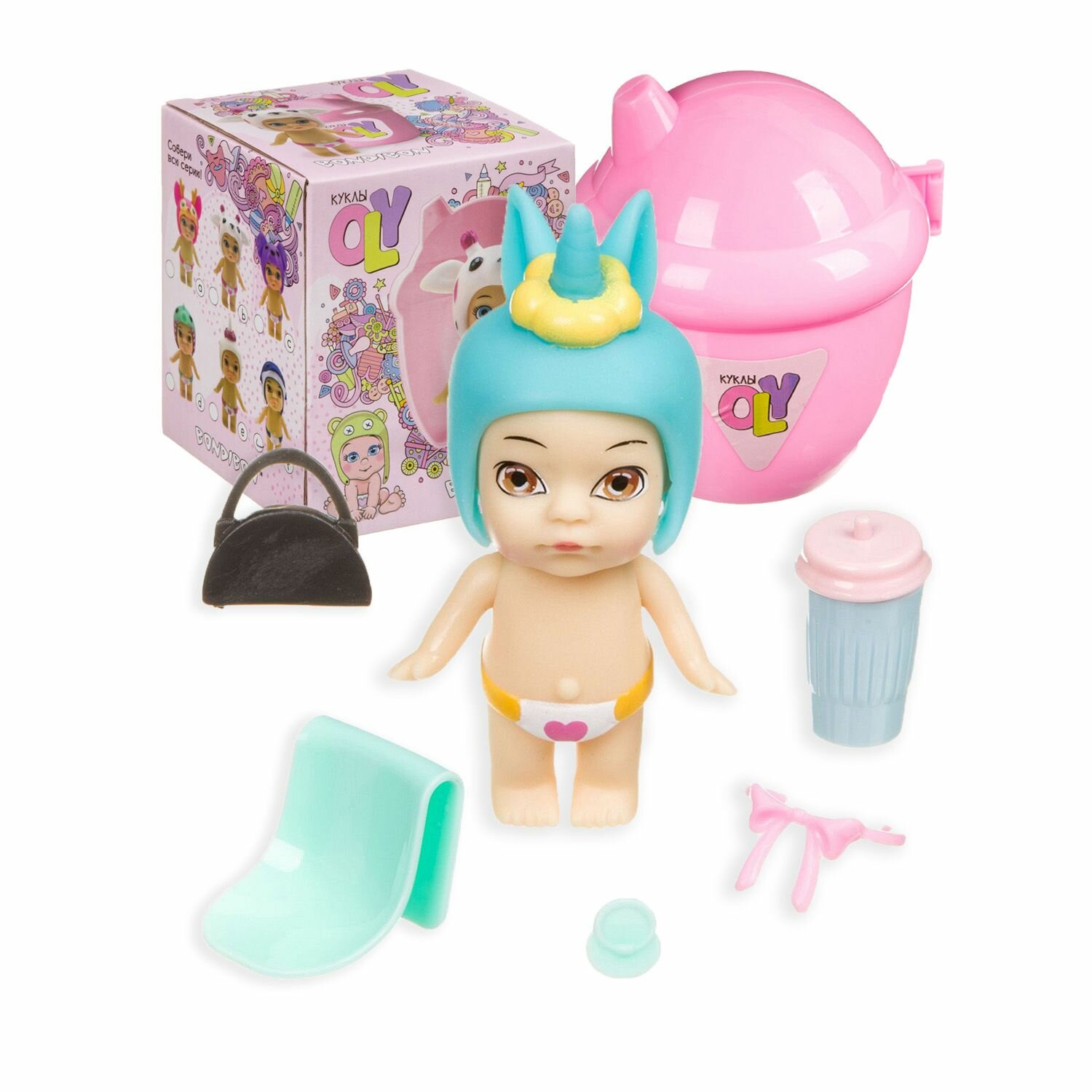 Кукла OLY мальчик-Е в шапочке с животным и аксессуарами в поильнике BOX 11.5*9.3*9.3 см