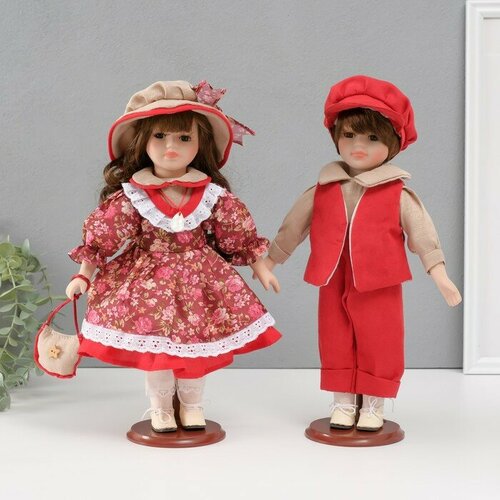 Кукла коллекционная парочка Ксюша и Егор, бордовый наряд с цветами набор 2 шт 31 см