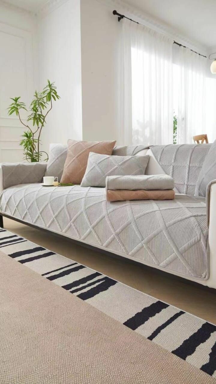 фото Покрывало на диван угловой, плед для дивана, дивандеки на диван, чехол на диван, чехол на угловой диван и кресло, Egy Textile, 1шт 90х210см велюр плас (серый / серый)