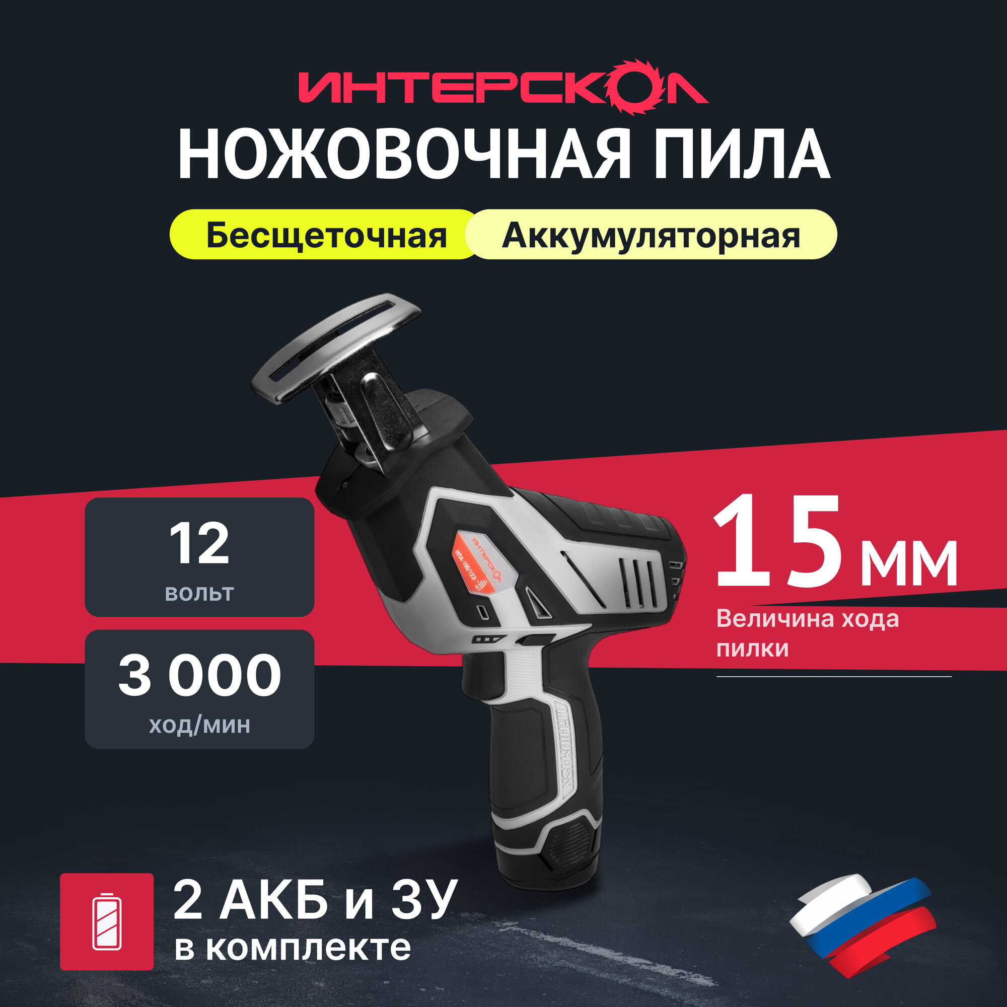 Аккумуляторная ножовочная пила ИНТЕРСКОЛ НПА-100/12Э, 12 В, 3000 ход/мин, с 2 АКБ 2 Ач и ЗУ, в кейсе, 805.2.2.70
