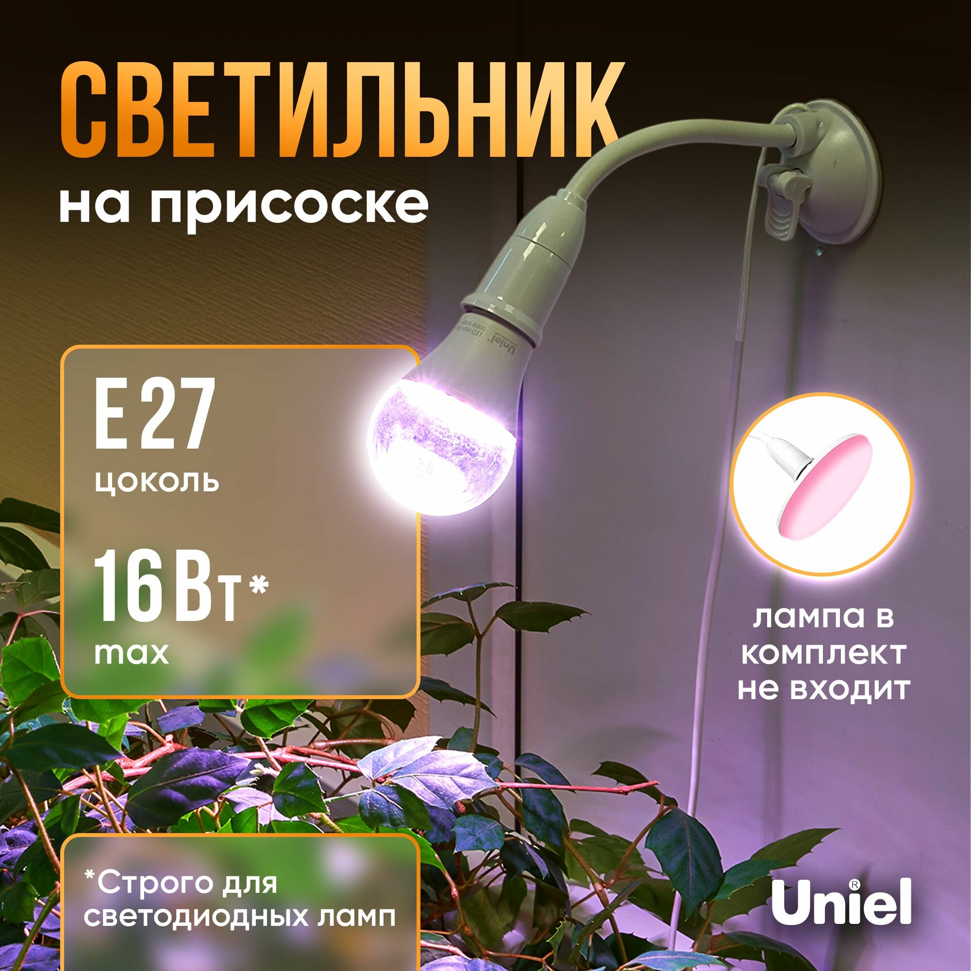 Фитолампы Светильник для фитолампы на присоске. Патрон на присоске, E27, с выключателем.