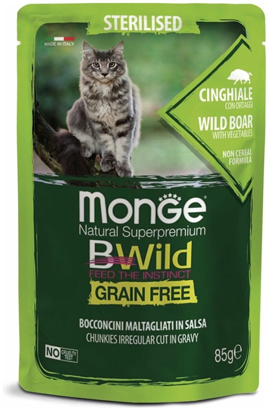 Monge Cat BWild GRAIN FREE пауч из мяса дикого кабана с овощами длястерилизованных кошек 85г - фото №1