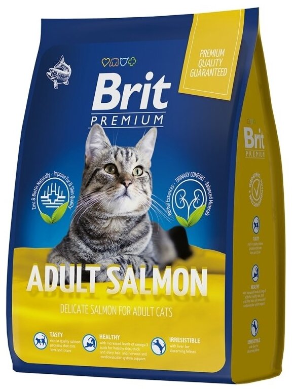 Brit Premium Cat Adult Salmon. Полнорационный сухой корм премиум класса с лососем для взрослых кошек 1шт -400г - фотография № 1