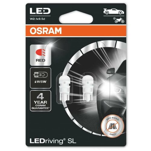 Лампа автомобильная OSRAM W5W, W2.1x9.5d, LED, 2 шт., RED, 12 В 2825DRP-02B