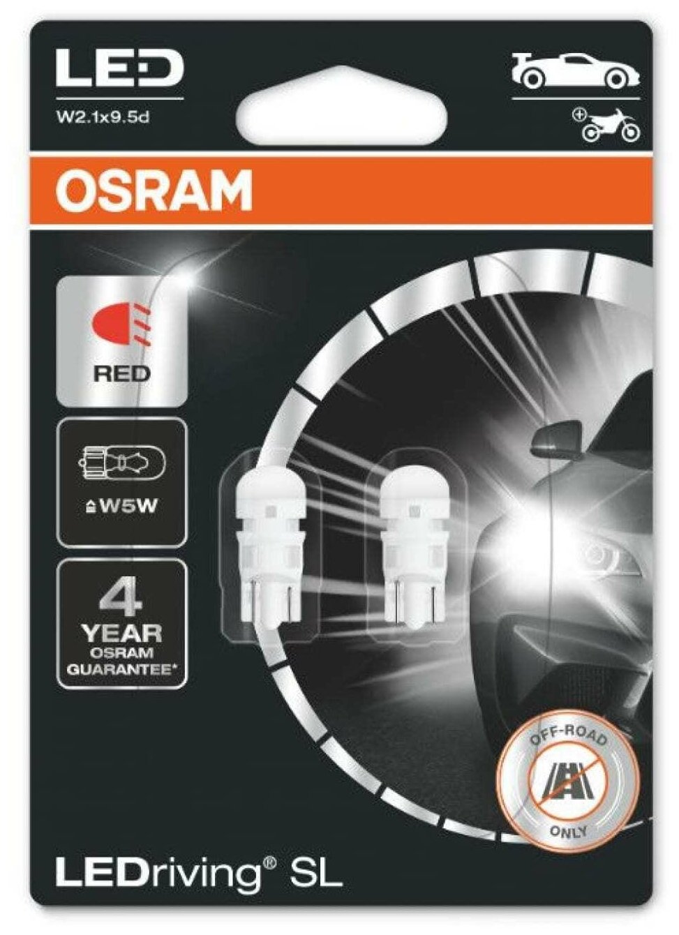 Лампа автомобильная OSRAM W5W, W2.1x9.5d, LED, 2 шт, RED, 12 В 2825DRP-02B