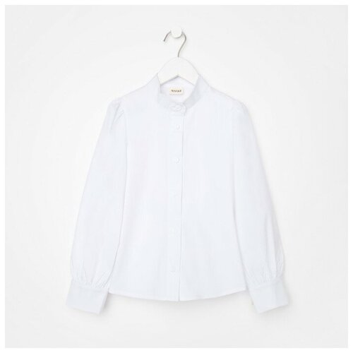 фото Школьная блуза minaku, прямой силуэт, на пуговицах, длинный рукав, воланы, однотонная, размер 38, белый