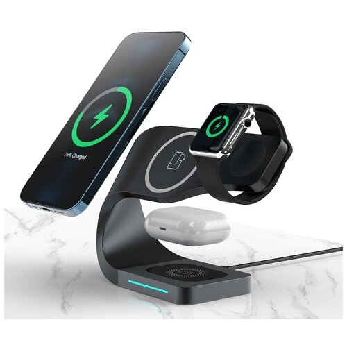 Беспроводное зарядное устройство 3 в 1 MagSafe для iPhone, Apple Watch, Airpods, 15 Вт, черный, JDtec™ Qi-15W
