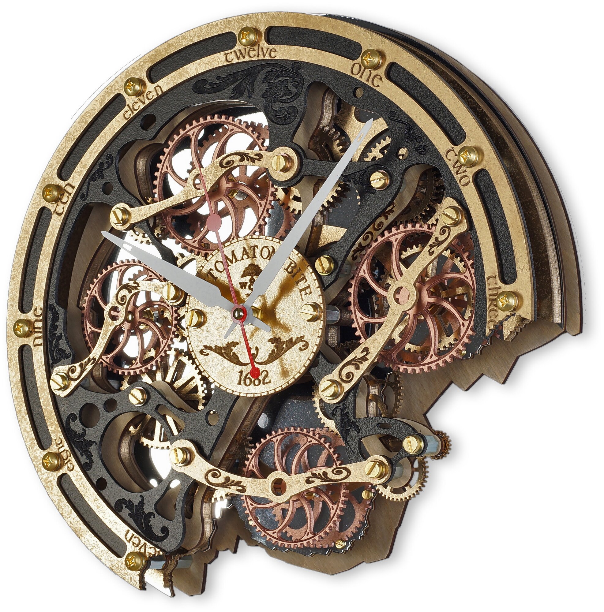 Часы Настенные Автоматон Bite 1682 Черное Золото с вращающимися шестерёнками WOODANDROOT