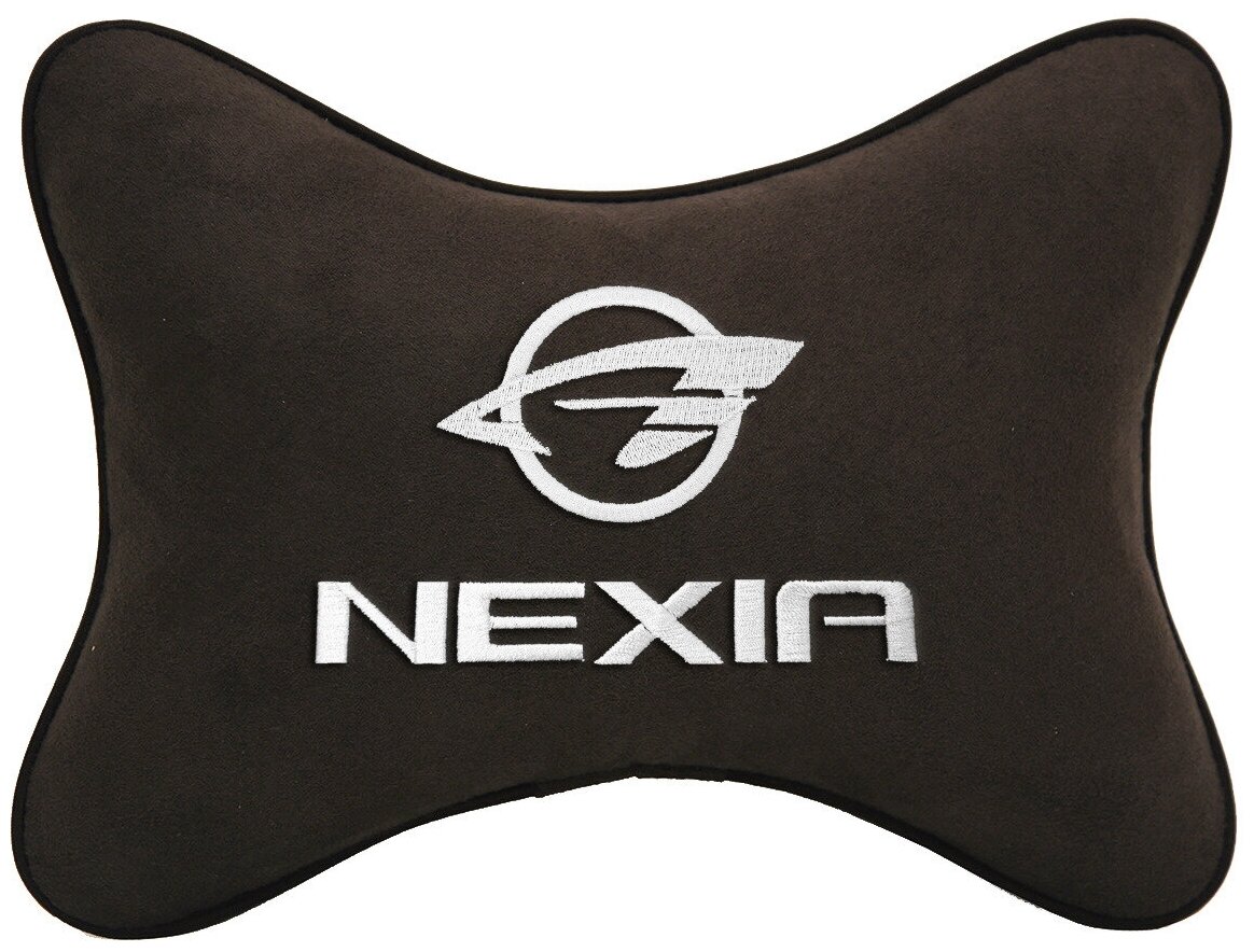Автомобильная подушка на подголовник алькантара Coffee c логотипом автомобиля RAVON Nexia