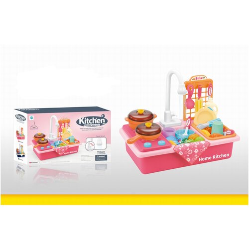 фото Игрушка детская раковина (мойка) с водой и набором посуды / кухонная мойка с плитой для детской кухни / детская плита wd-p41 игродом