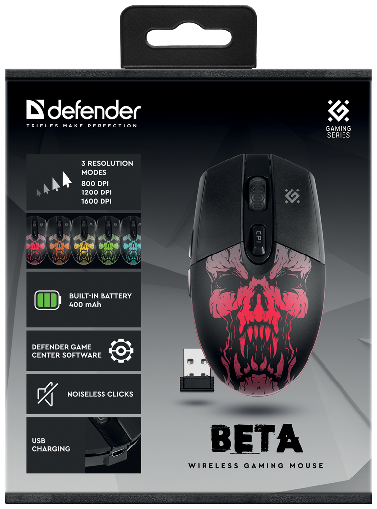 Мышь игровая беспроводная Defender Beta GM-707L LED6D400 mAh1600dpi бесшумная подсветка встроенный АКБ