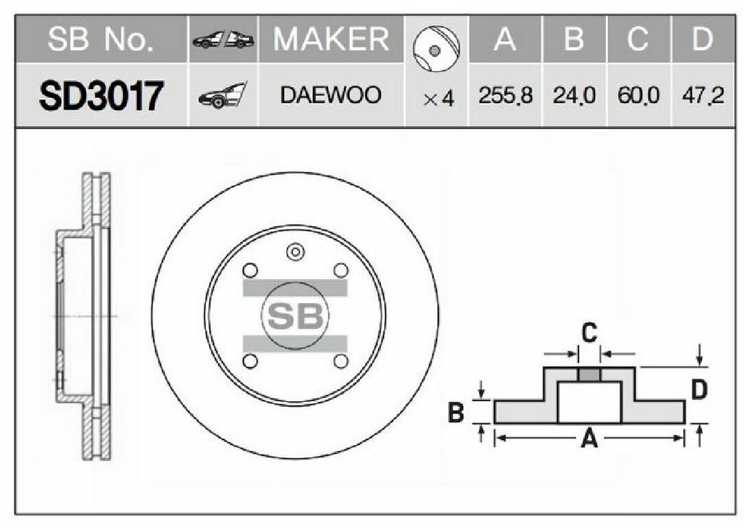 Диск тормозной передний SANGSIN SD3017 для а/м Chevrolet Lacetti, Daewoo Gentra, 256x24 мм.