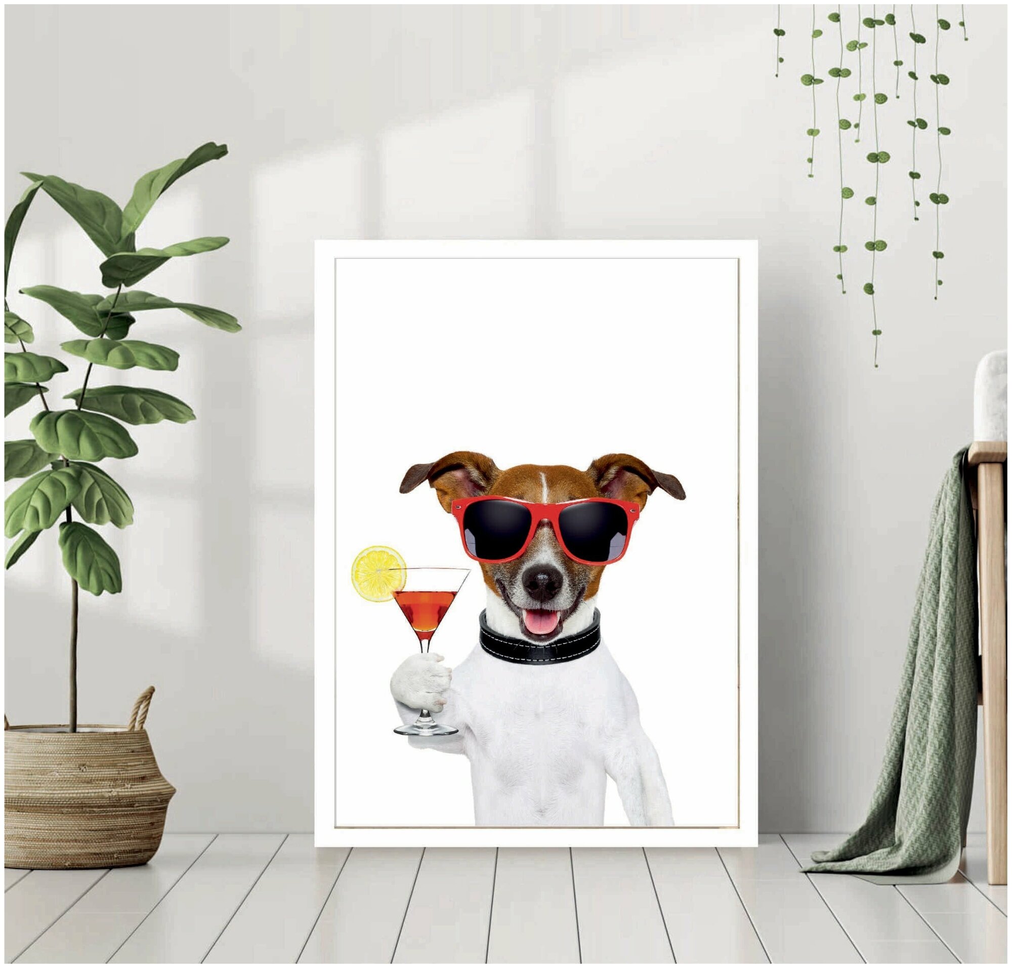 Постер В рамке "Собака с коктейлем" 40 на 50 (белая рама) / Картина для интерьера / Плакат / Постер на стену / Интерьерные картины в рамке