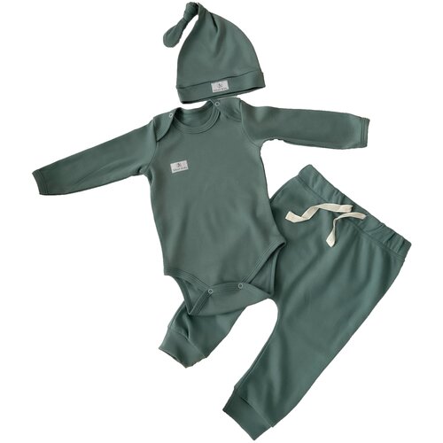Комплекты нательные для малышей и новорожденных Супер Пупс, набор из трех предметов (боди, штанишки и шапочка), 62 размер, хаки