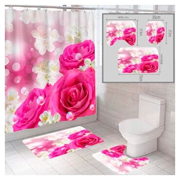 Комплект штора и 2 коврика для ванной комнаты "Цветы-2"