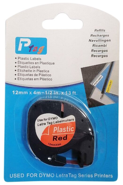 Лента пластиковая Vell VL-D-91203/S0721630/91223 (12 мм x 4 м, черный на красном)
