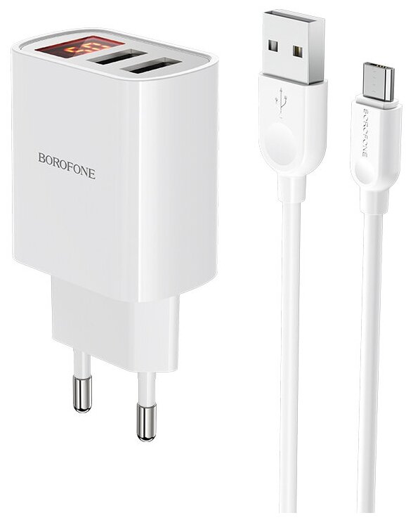 Сетевое зарядное устройство BOROFONE BA58A Mighty 2xUSB, 2.4А, LED дисплей + кабель MicroUSB, 1м (белый)