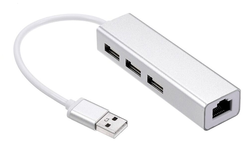USB хаб, с USB 2.0 на 3xUSB 2.0 и RJ-45 - серебристый
