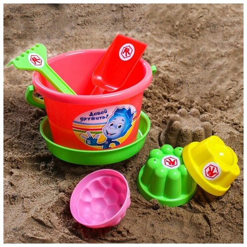 фото Набор для игры в песке: ведро, сетка, лопата, грабли, 3 формочки, фиксики цвет микс, 1,05 л mikimarket
