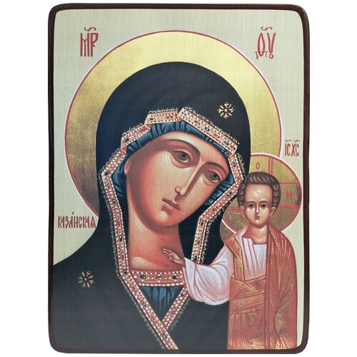 Икона Казанская Божией Матери на зеленом фоне, размер 19 х 26 см