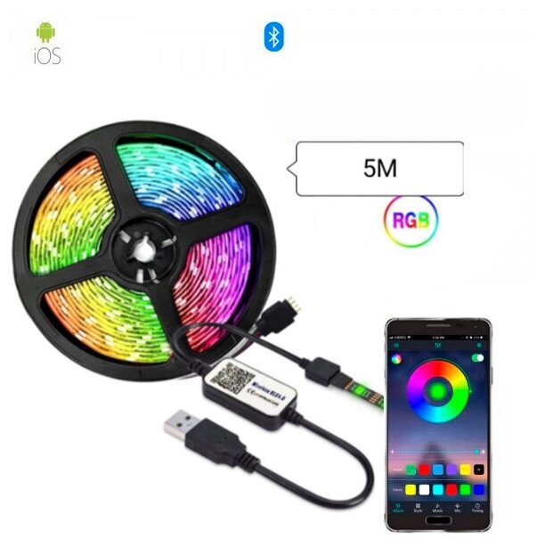 Светодиодная Bluetooth лента цветная (RGB) Led smd 5050 5m 5B Bluetooth с USB блоком и управлением через приложение со смартфона (Микс) - фотография № 1