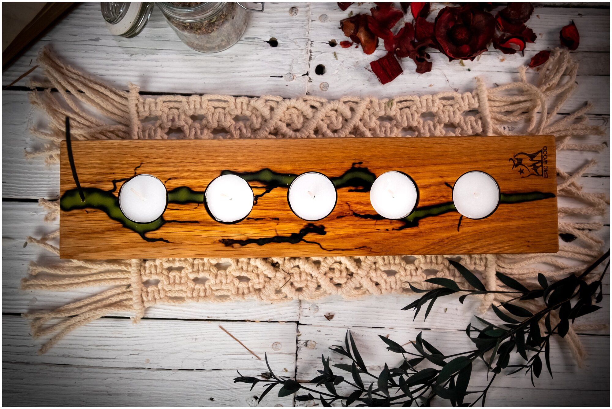 Подсвечник деревянный "5 свечей" 39,5х9,5 см. для чайной свечи (зеленая молния) - фотография № 5