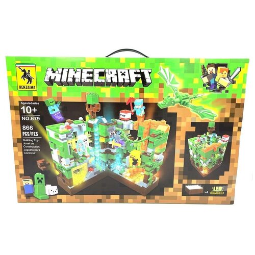 Майнкрафт конструктор детский светящийся зеленый 866 деталей.
