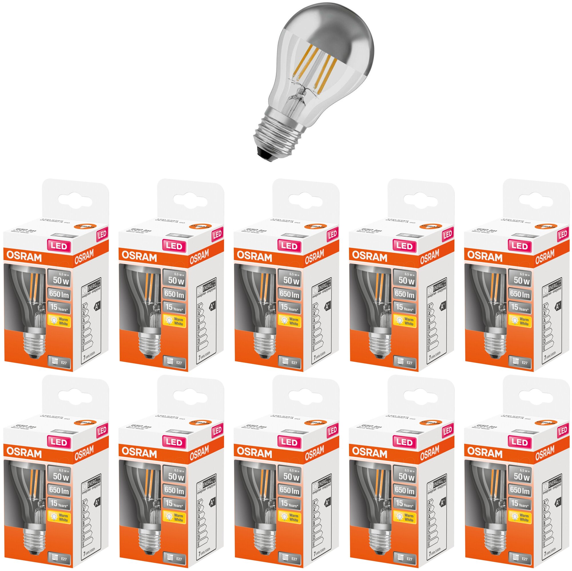 Лампочка светодиодная OSRAM Груша A E27 6,5Вт 220В 650Лм 2700К Теплый белый Филаментная, упаковка 10шт