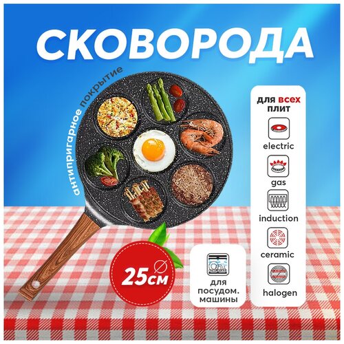 Сковорода для оладий секционная, завтраков, яичницы, сковорода для панкейков, сковорода антипригарная 25 см