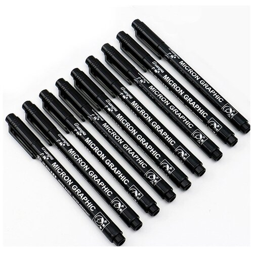 Ручки капиллярные линеры Micron graphic маркеры лайнеры фломастеры черные набор для рисования скетчинга 9 штук