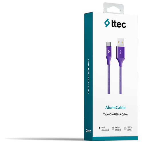 DATA-кабель ttec AlumiCable Type-C to USB-A, 1.2м, фиолетовый кабель ttec tec 8694470572277