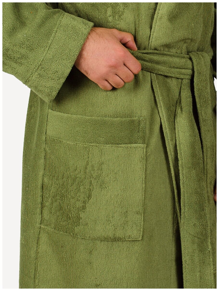 Мужской махровый халат с капюшоном, хаки - фотография № 2